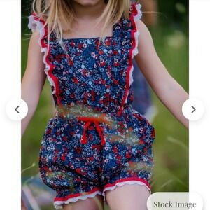 Love & Grow Clothing Co 8Y Romper floral blue white red lady liberty Evelyn